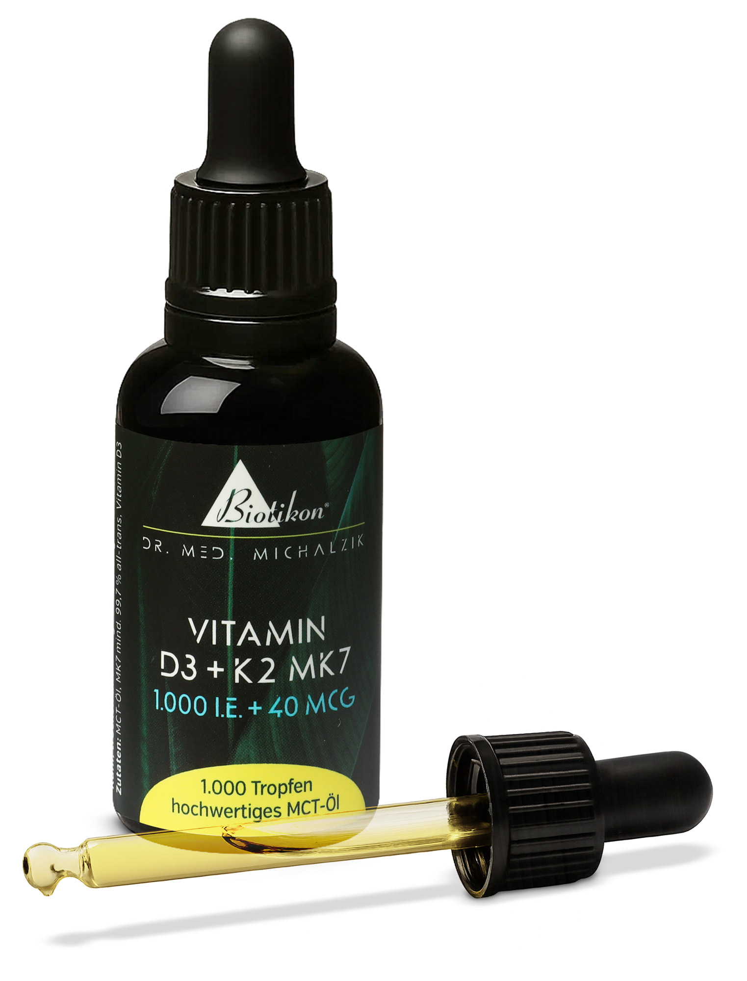 Vitamina D3 + K2 MK7 – 1000 UI + 40 Mcg Bottiglia di gocce di vitamina D3 e K2 MK7, 1000 UI e 40 Mcg, liquido dorato nell'erogatore.