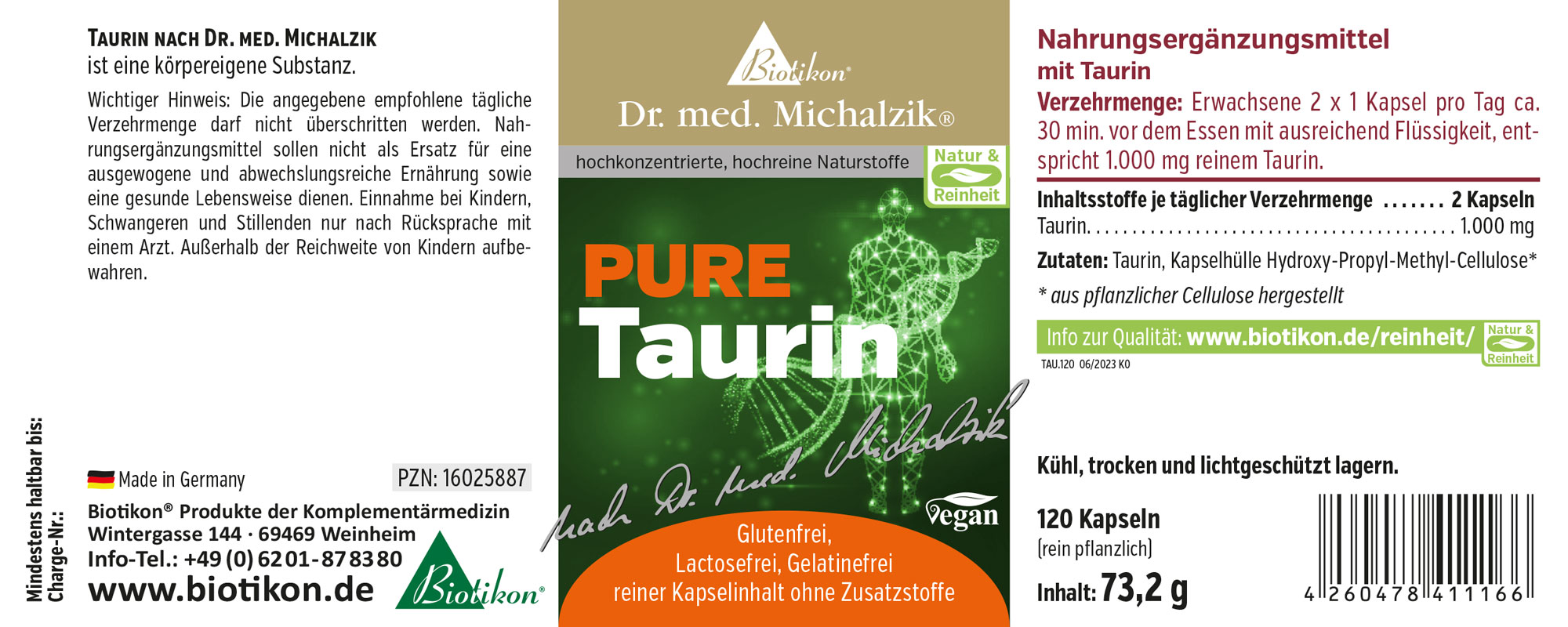 Taurina 1000 mg – 120 Capsule Integratore alimentare con taurina in capsule, 120 pezzi, confezione verde.