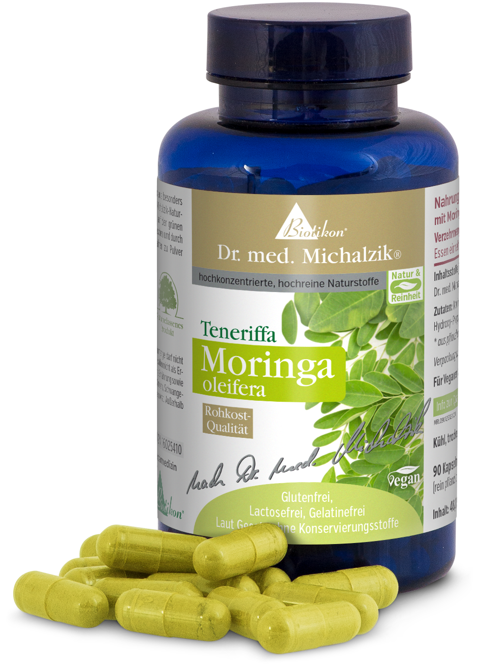 Moringa Oleifera – 90 Capsule Bottiglia con capsule di Moringa Oleifera, capsule verdi, 90 pezzi, vegane, in bottiglia blu.