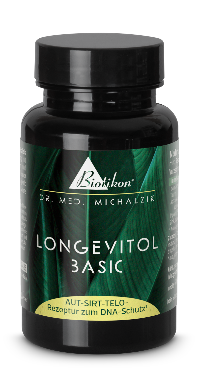 Capsule Longevitol basic - 60 pezzi Capsule Longevitol basic in una bottiglia bianca, 60 pezzi, vegane, con capsule leggermente trasparenti.