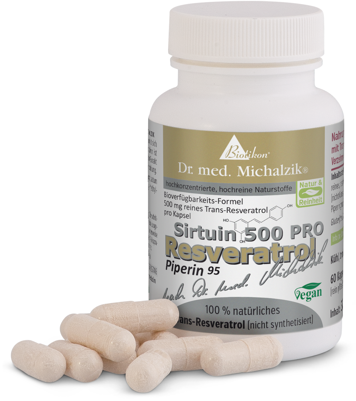 Resveratrolo 500 mg – Capsule Bottiglia con 60 capsule beige, vista dell'etichetta e delle capsule sul tavolo.