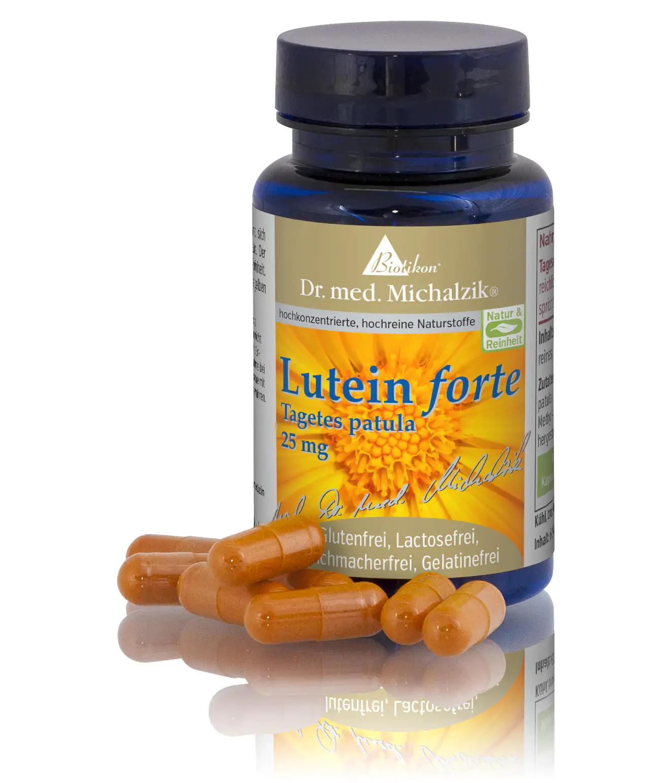 Luteina Forte 25 mg - Capsule Capsule di luteina forte in confezione arancione, 25 mg, con diverse capsule in primo piano.