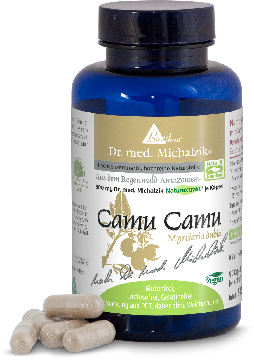 Camu Camu 500 mg – Capsule Integratore alimentare Camu Camu in bottiglia PET blu, 90 capsule, diverse capsule in primo piano.