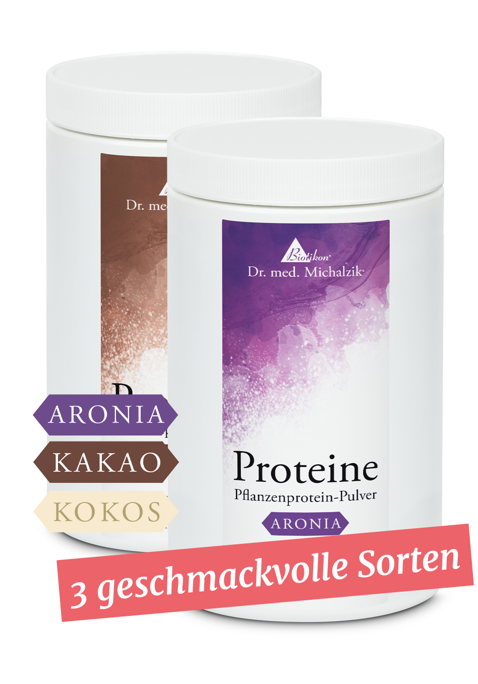 Polvere di proteine vegetali – 3 varietà Due contenitori di polvere di proteine vegetali in Aronia, Cacao e Cocco, bianco, vista frontale.
