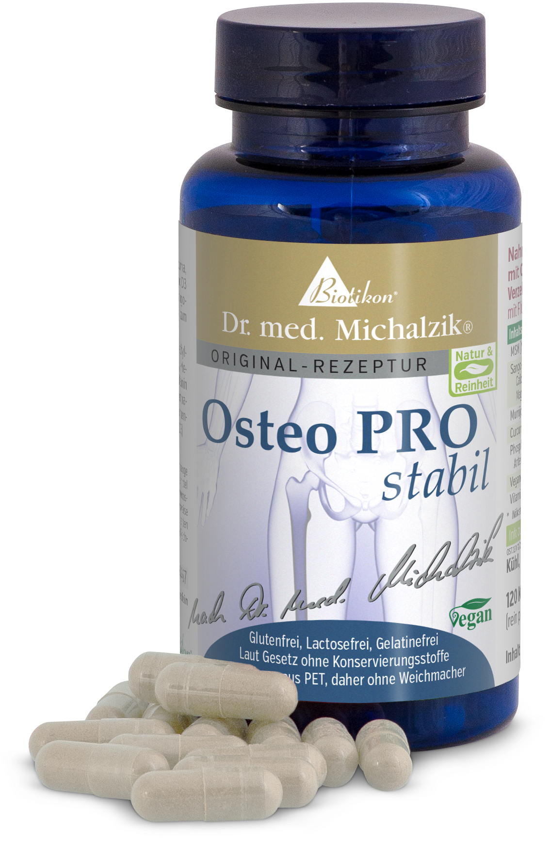 Osteo PRO Stabil – 120 Capsule Capsule Osteo PRO Stabil in bottiglia blu, 120 pezzi, senza glutine, vegano, in PET riciclato.