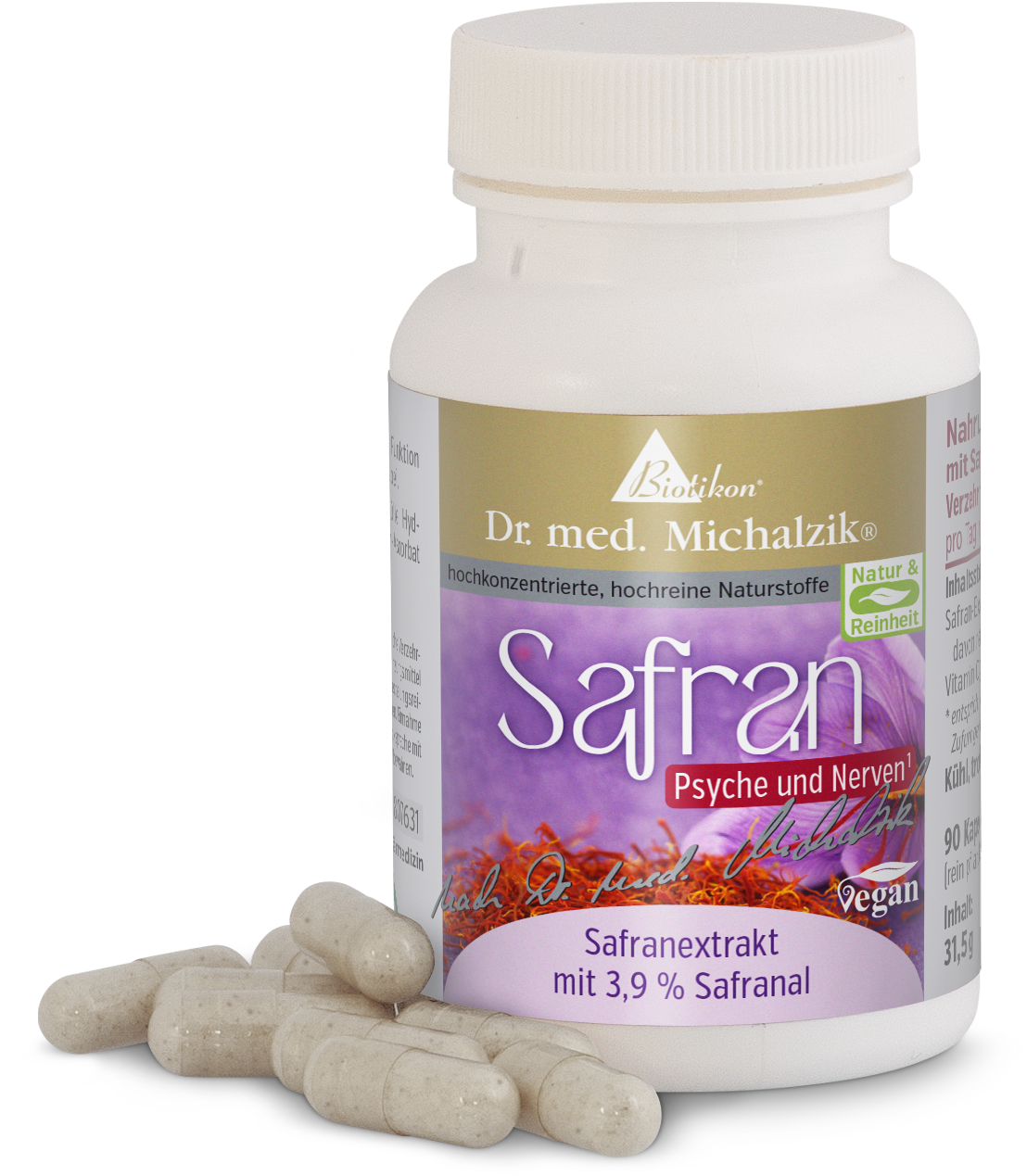 Estratto di Zafferano 90 Capsule - 3,9% Safranal Contenitore di plastica bianca con 90 capsule di estratto di zafferano, etichetta viola, vista frontale.