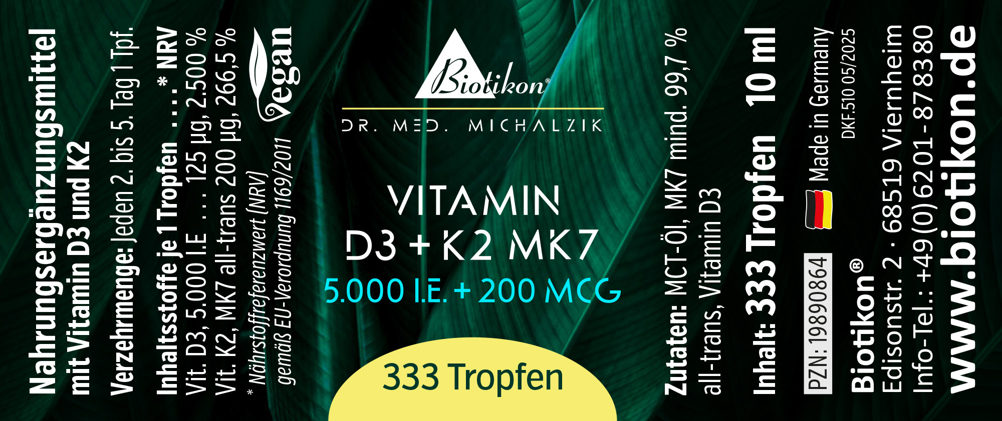 Vitamina D3 + K2 MK7 5000 UI – 333 Gocce Bottiglia con 333 gocce di vitamina D3 e K2 MK7, 10 ml, confezione verde, vegano.
