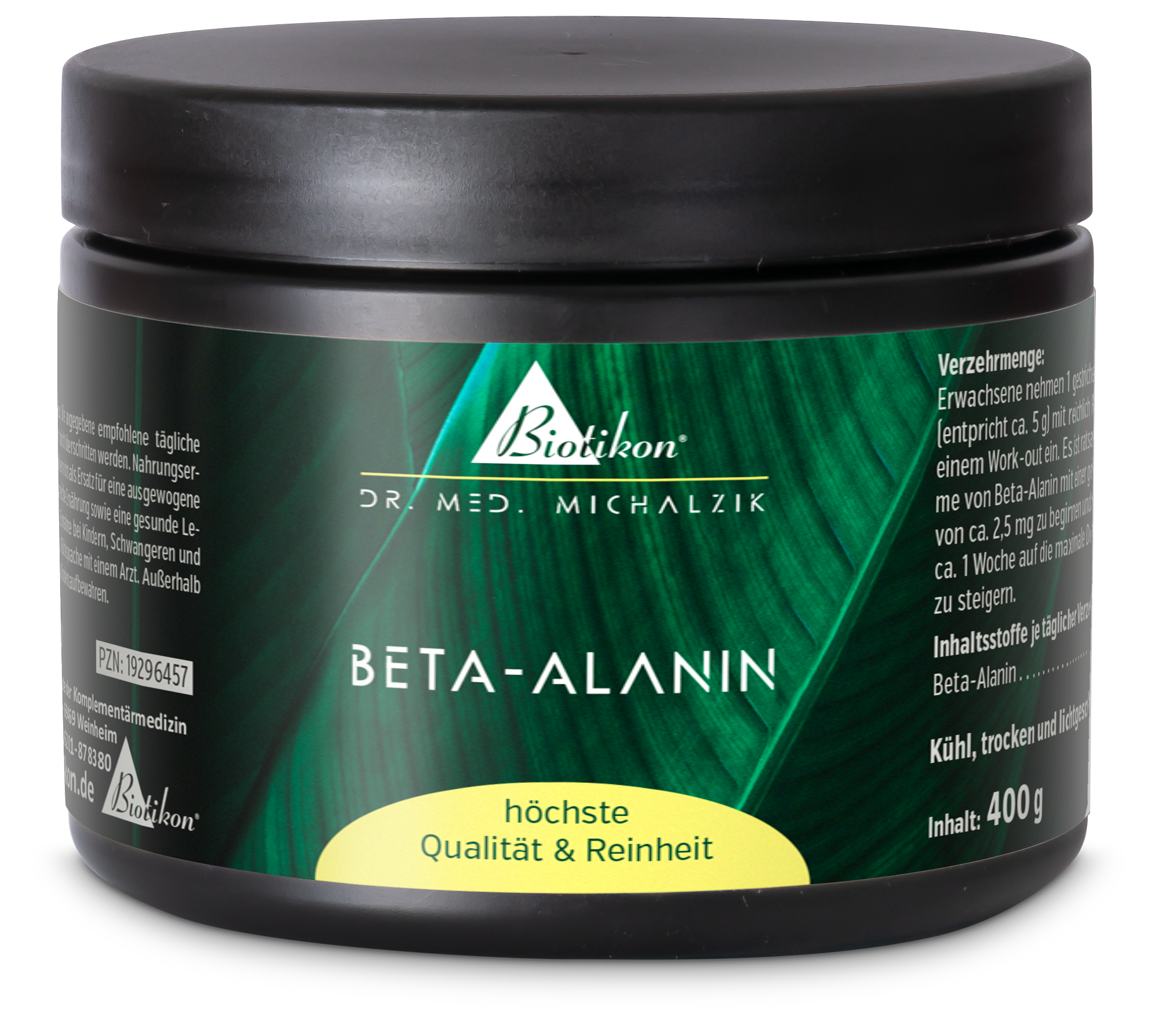 Beta-Alanina 400 g - Polvere Contenitore di polvere di beta-alanina, 400 g, confezione nera con accenti verdi.
