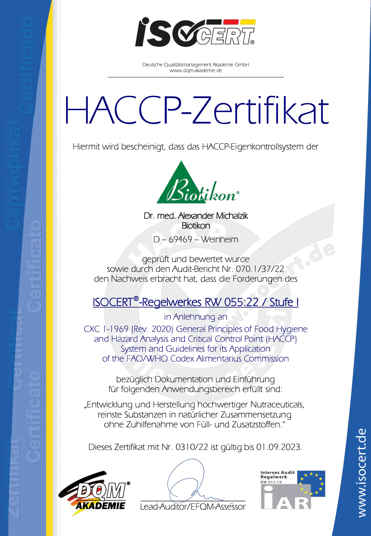 Certificato HACCP – Biotikon Certificato HACCP di Biotikon con dettagli, inclusi logo, note di ispezione e data di validità.