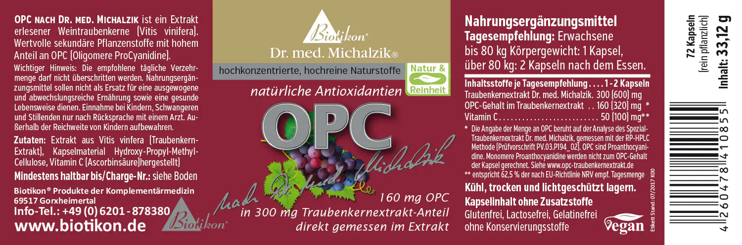 Integratore alimentare in capsule vegetali con 160 mg di OPC e 300 mg di estratto di semi d'uva, confezione rossa, 72 capsule.
