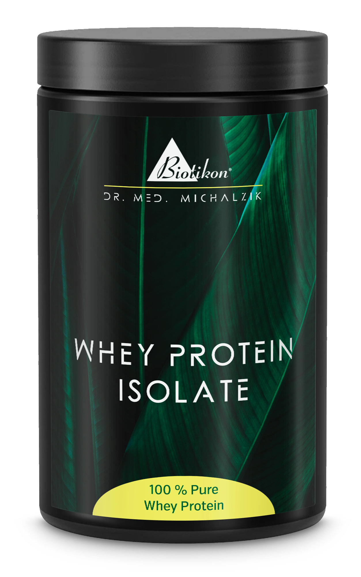 Isolato di Proteine del Siero – 100% Puro Barattolo nero con isolato di proteine del siero, 100% puro, confezione trasparente, foglie verdi sullo sfondo.