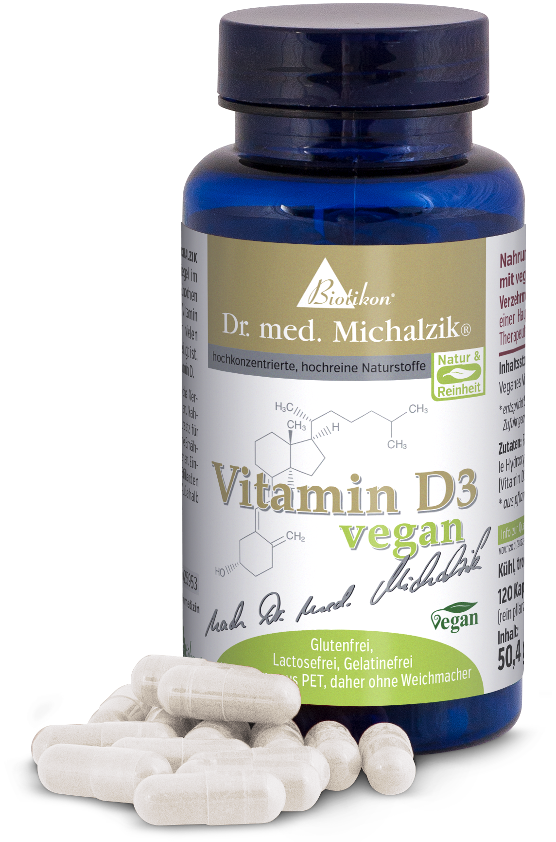 Vitamina D3 Vegana 120 Capsule - Fresca Bottiglia blu contenente 120 capsule vegane di vitamina D3, capsule bianche visibili, presentazione fresca e chiara.