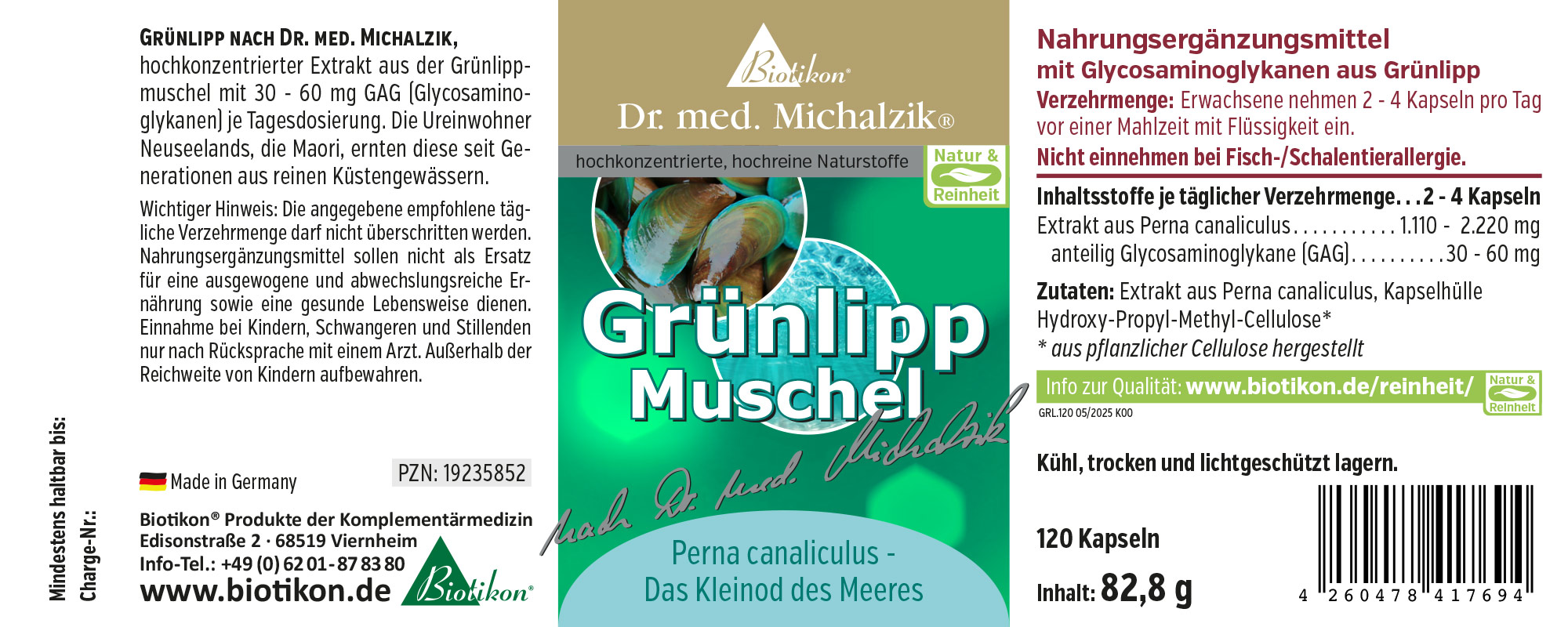 Mollusco Verde – 120 Capsule Integratore alimentare di mollusco verde in un pacchetto da 120 capsule, confezione verde, vista dall'alto.