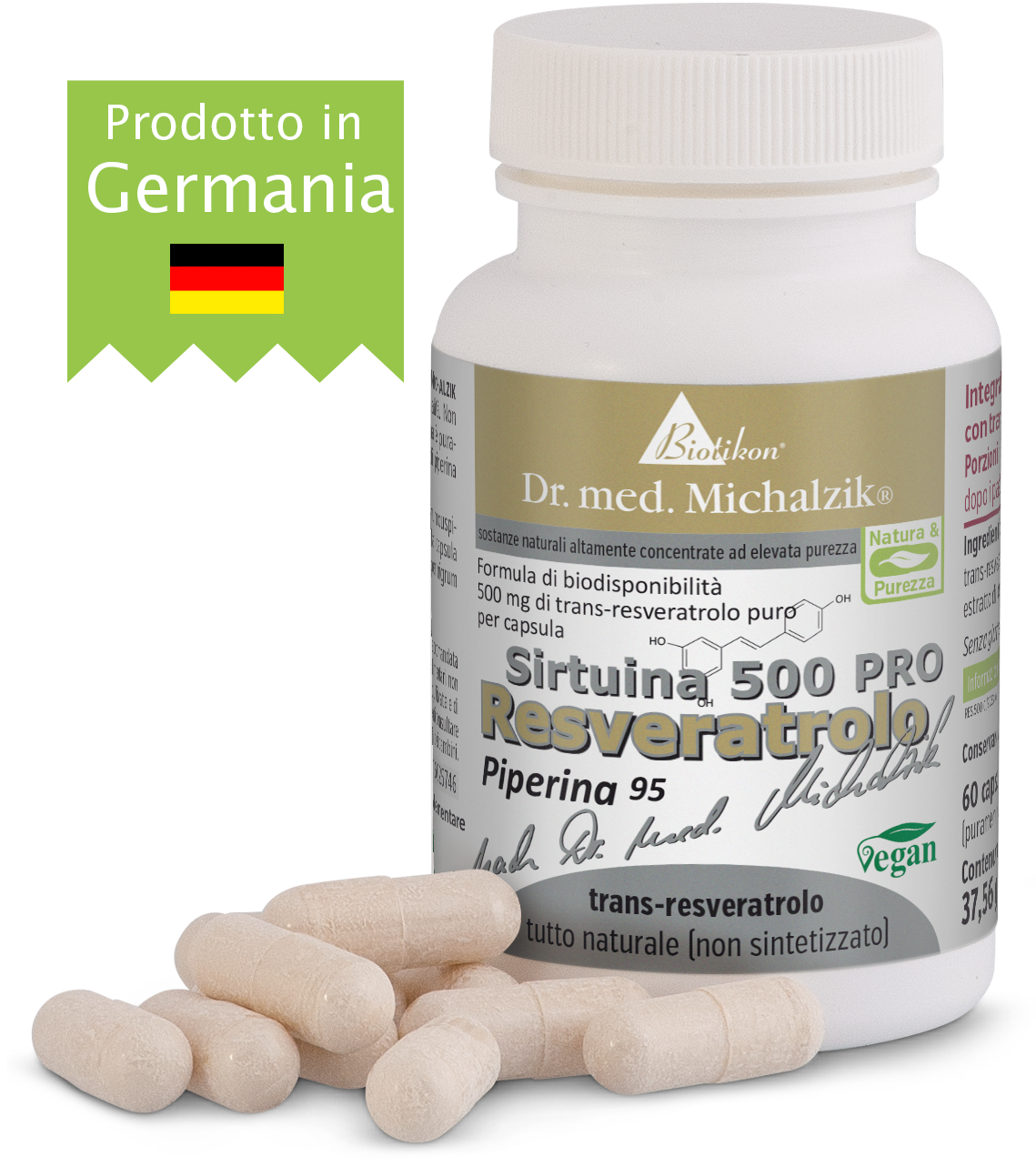 Resveratrolo 500 mg – Capsule Contenitore bianco di capsule con 60 capsule vegane, Resveratrolo 500 mg, prodotto in Germania, con confezione etichettata.