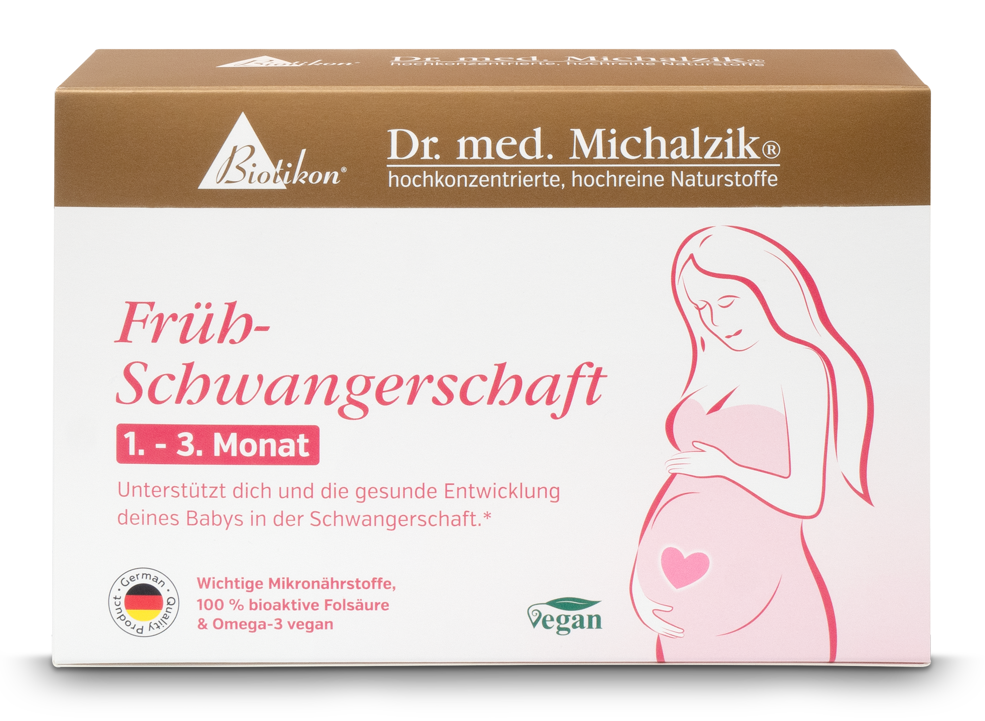 Gravidanza Precoce: Capsule 1° - 3° Mese Confezione di micronutrienti per la gravidanza precoce, vegana, 30 capsule, tonalità rosa e beige.