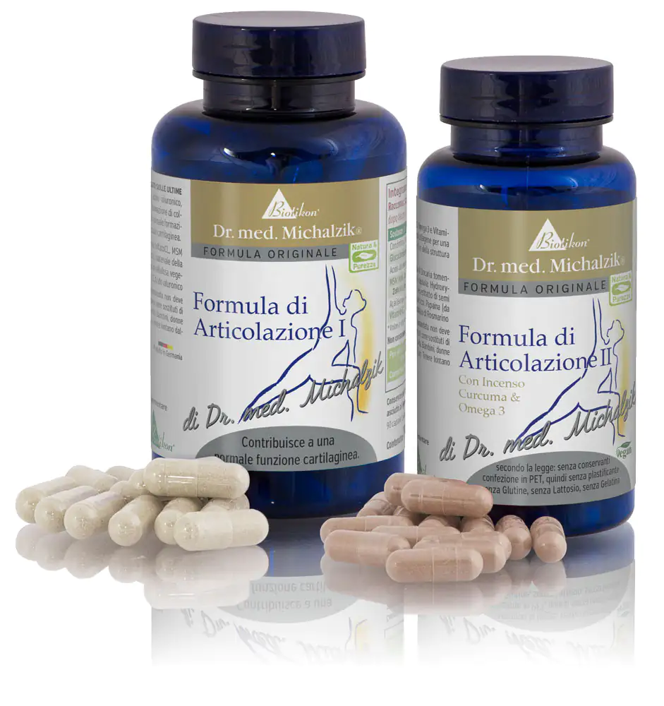 Bundle Bottiglie Formula Articolare 1+2 Due bottiglie di formule articolari, 90 capsule ciascuna, beige e marrone, su uno sfondo bianco.