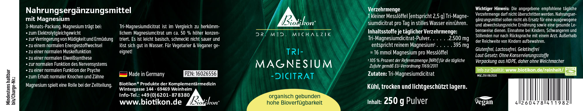 Tri-Magnesio Dicitrat 250 g – Polvere Polvere integrativa con Tri-Magnesio Dicitrat, confezione da 250 g, imballaggio verde.
