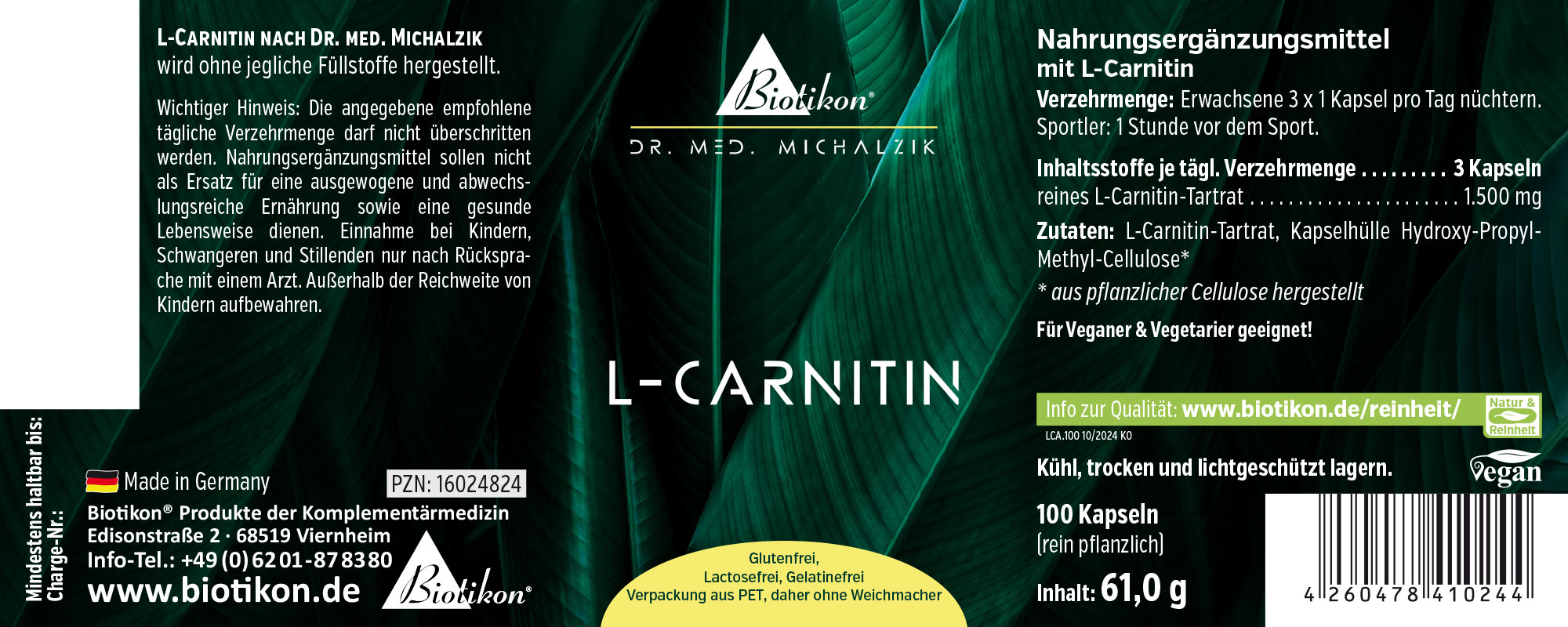 L-Carnitina 1500 mg – Capsule Integratore di L-Carnitina, 100 capsule, confezione verde, vista laterale.