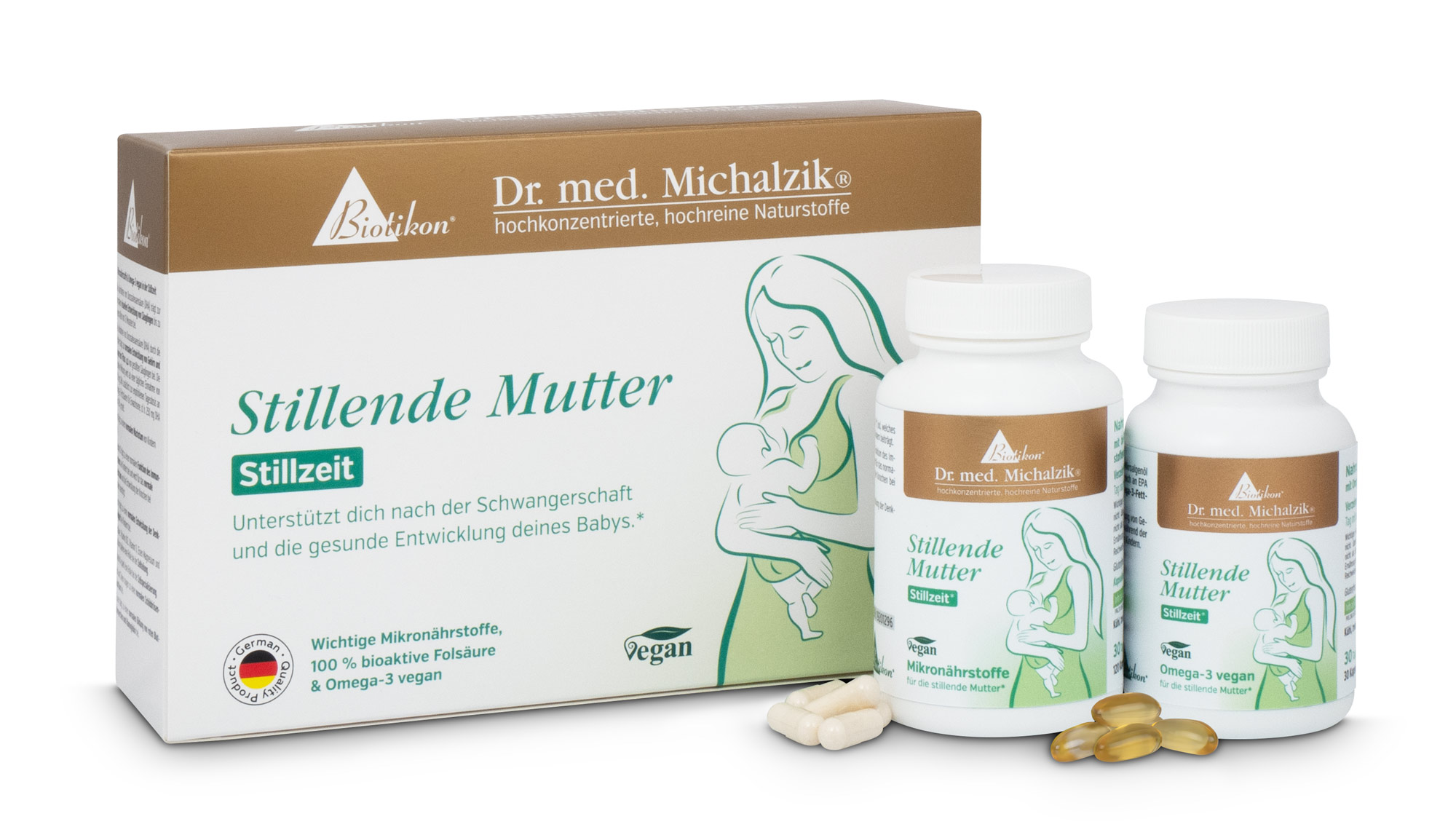 Capsule Madre Che Allatta Integratore alimentare Madre Che Allatta in forma di capsule e softgel, due bottiglie con quantità, confezione nera-verde, vista laterale.