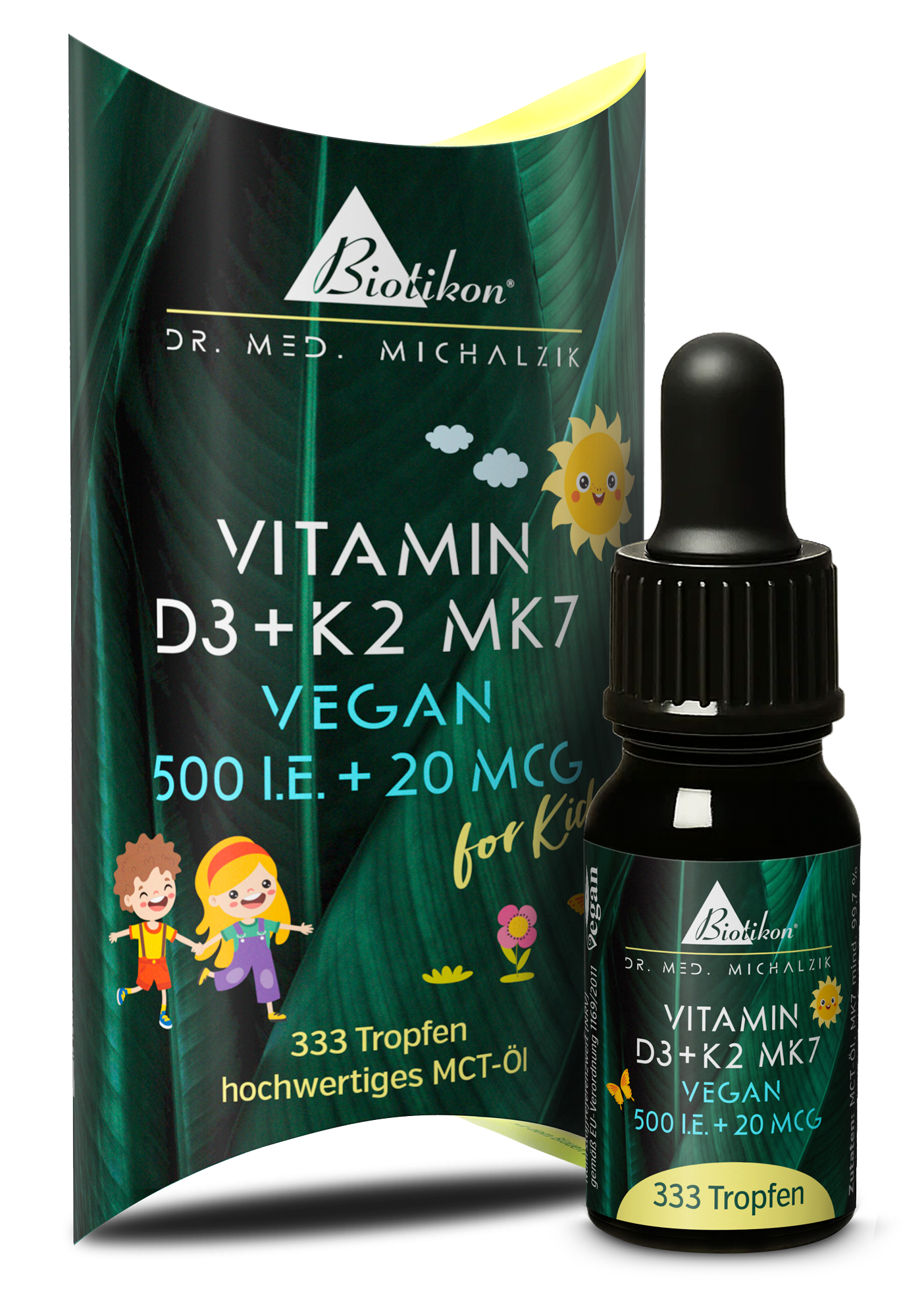 Vitamina D3 K2-500 UI, confezione vegana con flacone Vitamina D3 K2-500 UI, confezione vegana con flacone