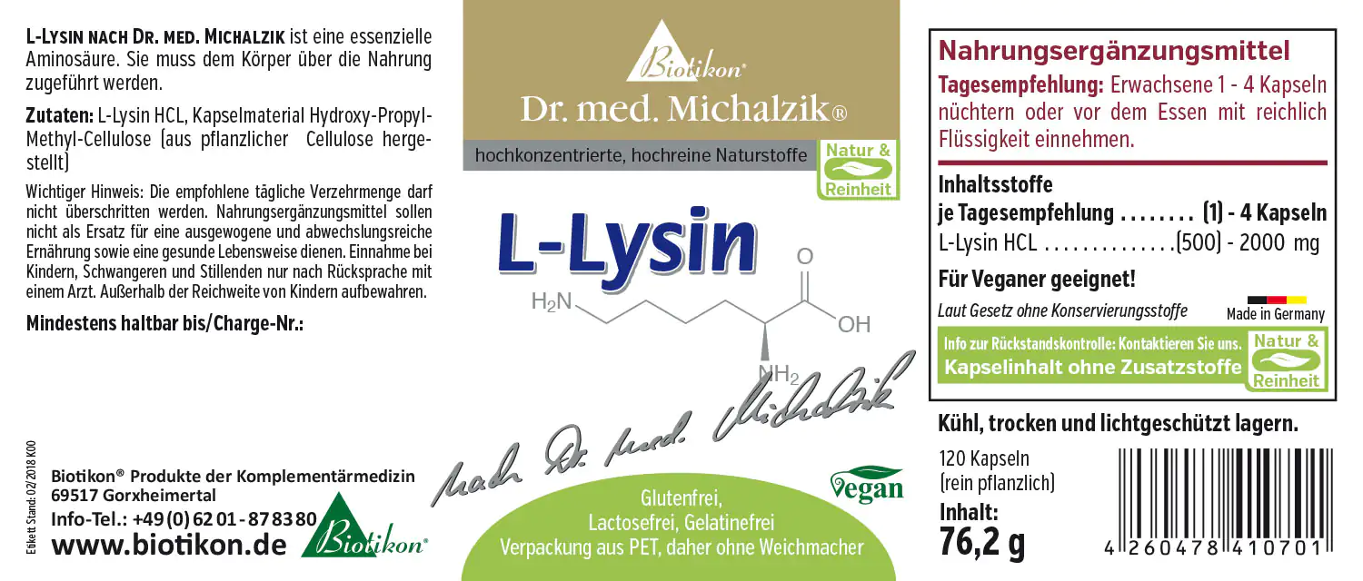 L-Lisina 2000 mg – Capsule 120 capsule di L-Lisina HCL in confezione PET, vegane, senza glutine, su sfondo bianco.