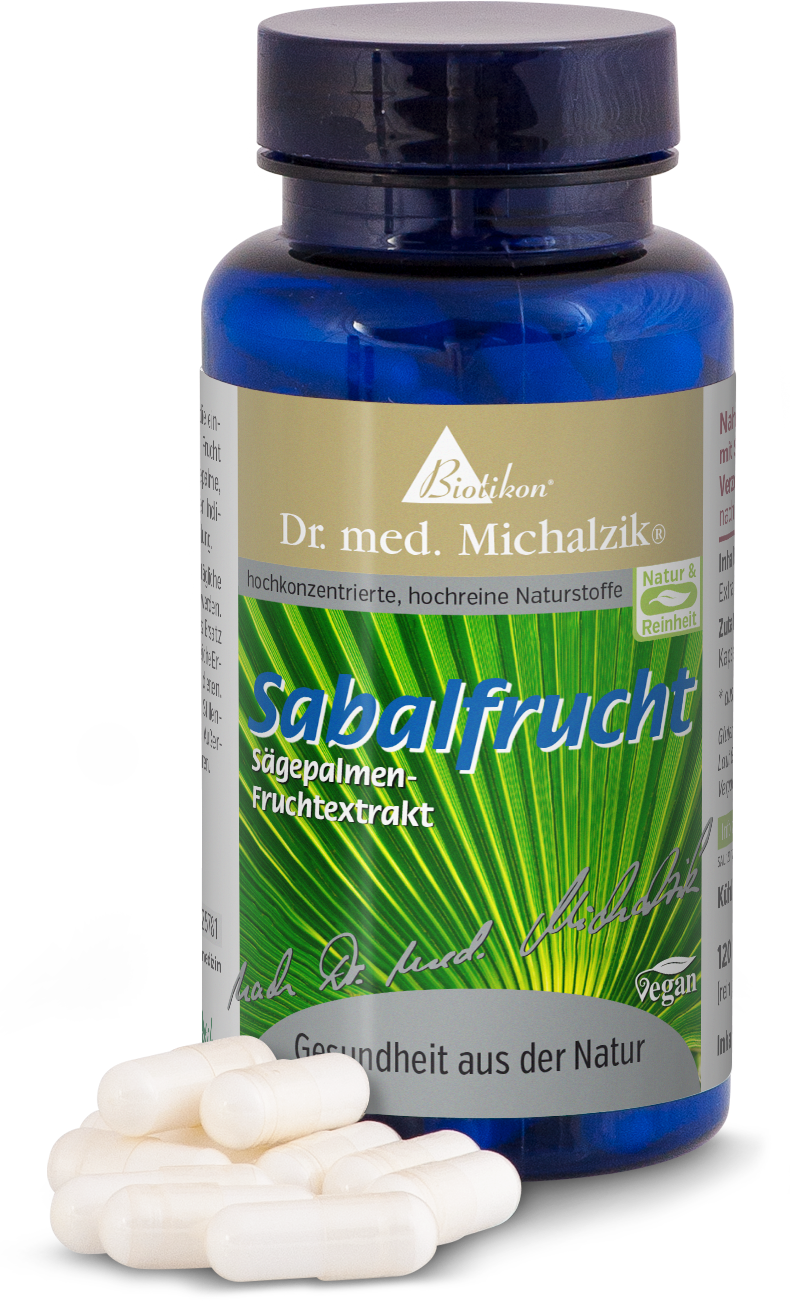 Frutto di Sabal – Capsule di Estratto di Palma Nana Bottiglia di capsule di frutto di Sabal, 120 pezzi, in vetro blu, con capsule bianche in primo piano.