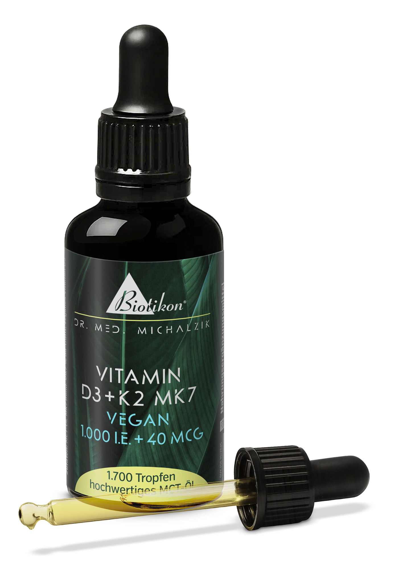 Bottiglia di gocce di vitamina D3 e K2 MK7, 1750 gocce, olio MCT, confezione nera, contagocce visibile.
