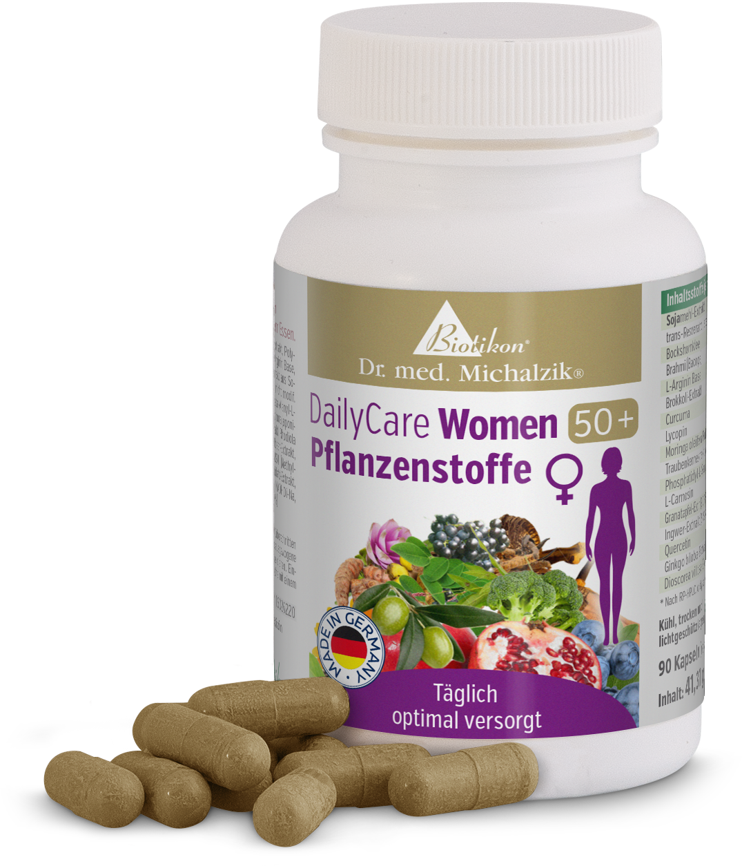 Estratti Vegetali 50+ – Capsule 90 capsule in una bottiglia bianca, capsule marroni accanto, con illustrazioni di piante sullo sfondo.