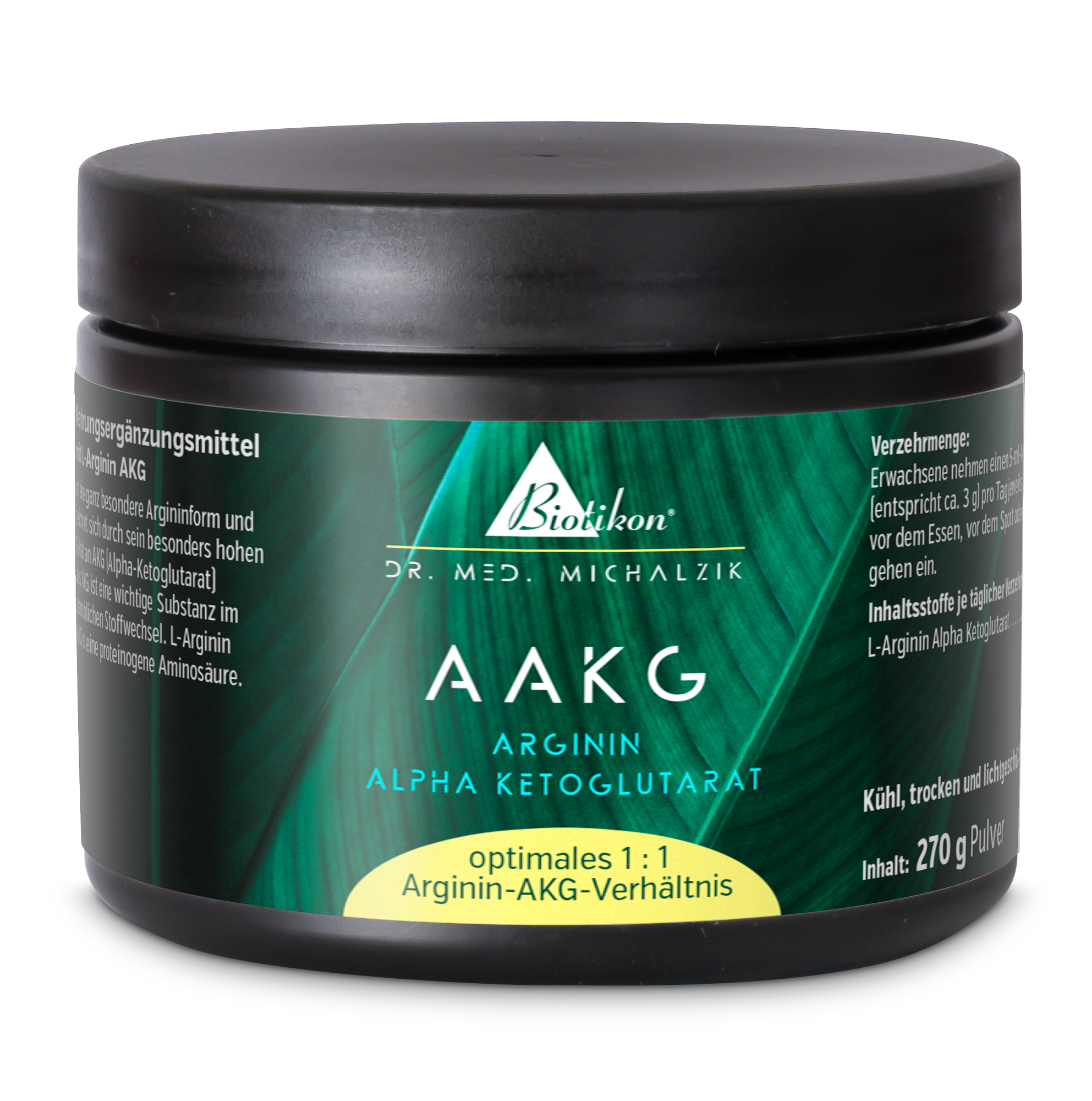 AAKG Arginina Alfa-Cetoglutarato – Polvere 270 g Contenitore di polvere AAKG Arginina Alfa-Cetoglutarato, 270 g, confezione nera, vista laterale.