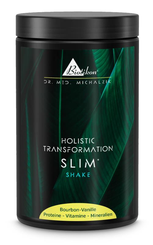 SLIM Shake – Vaniglia Bourbon Frullato proteico in confezione nera con foglie verdi, sapore Vaniglia Bourbon, 500g.