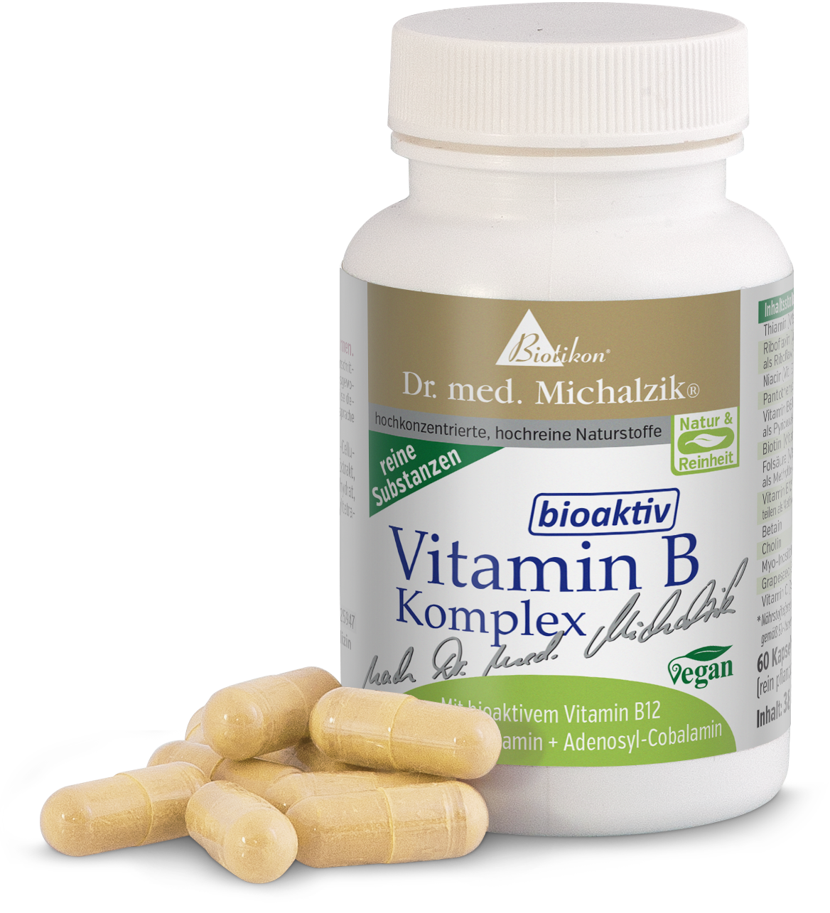 Complesso di Vitamine B – 60 Capsule Bottiglia di complesso di vitamine B con 60 capsule vegane, color beige chiaro, alcune capsule visibili in primo piano.