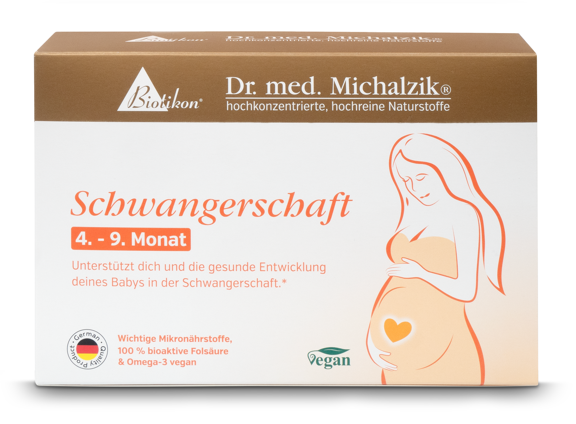Gravidanza 4° al 9° Mese – Capsule Confezione per micronutrienti in gravidanza, dal 4° al 9° mese, con una donna incinta su sfondo bianco.