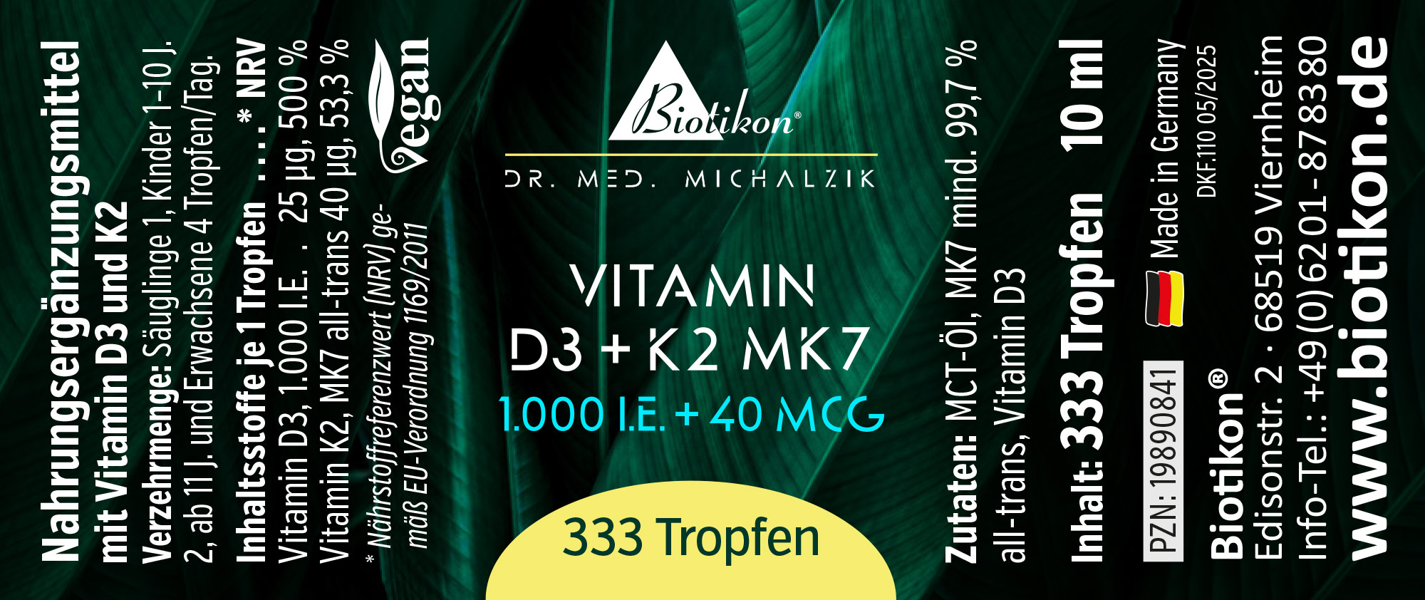 Vitamina D3 + K2 MK7 1000 UI – 333 gocce Bottiglia con 333 gocce di Vitamina D3 e K2 MK7, 10 ml, confezione verde
