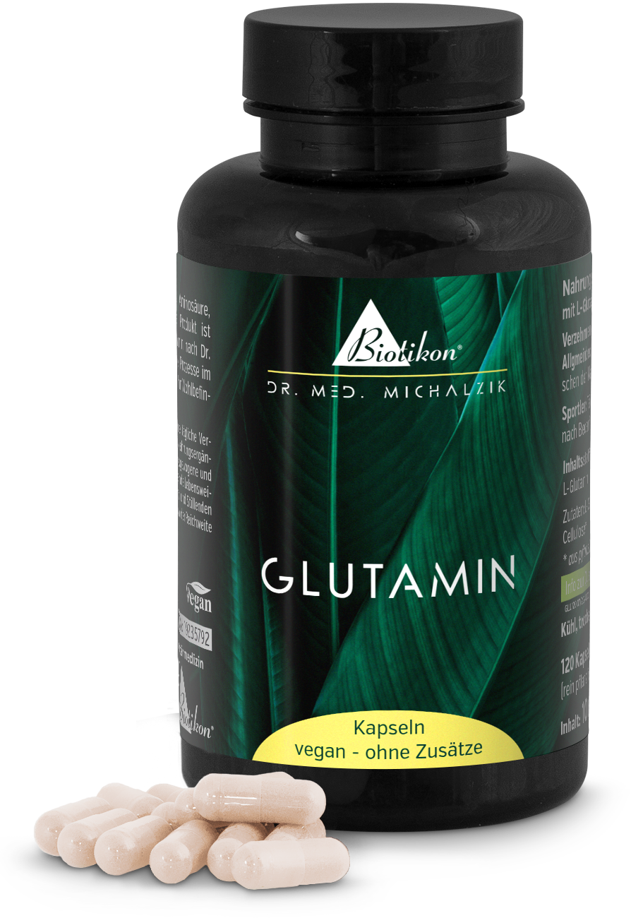 Glutamina 120 Capsule – Vegana Capsule di glutamina vegane in una bottiglia nera con design verde, 120 pezzi, capsule in primo piano.