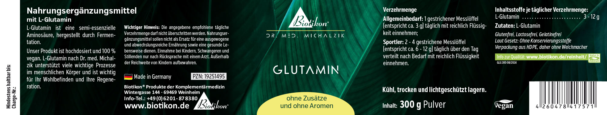 L-Glutamina 300g - Polvere Integratore L-Glutamina, polvere da 300g, vegano, confezionato in una borsa resistente, colore verde.