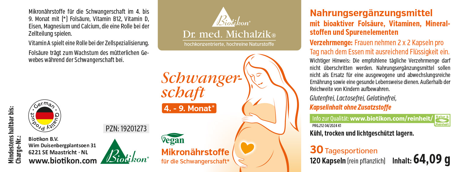 Micronutrienti per gravidanza – 120 capsule Integratore alimentare per donne in gravidanza, 120 capsule, contenente acido folico, vitamine e minerali.