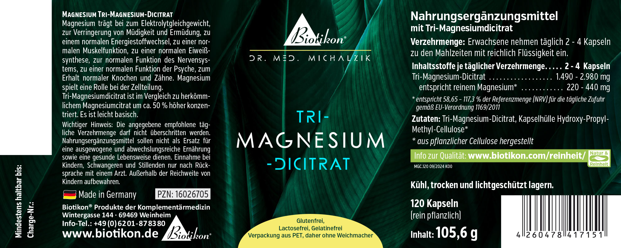 Magnesio Tri-Magnesio Dicitrat - 120 Capsule Magnesio Tri-Magnesio Dicitrat in confezione PET, 120 capsule, etichettatura verde, vista frontale