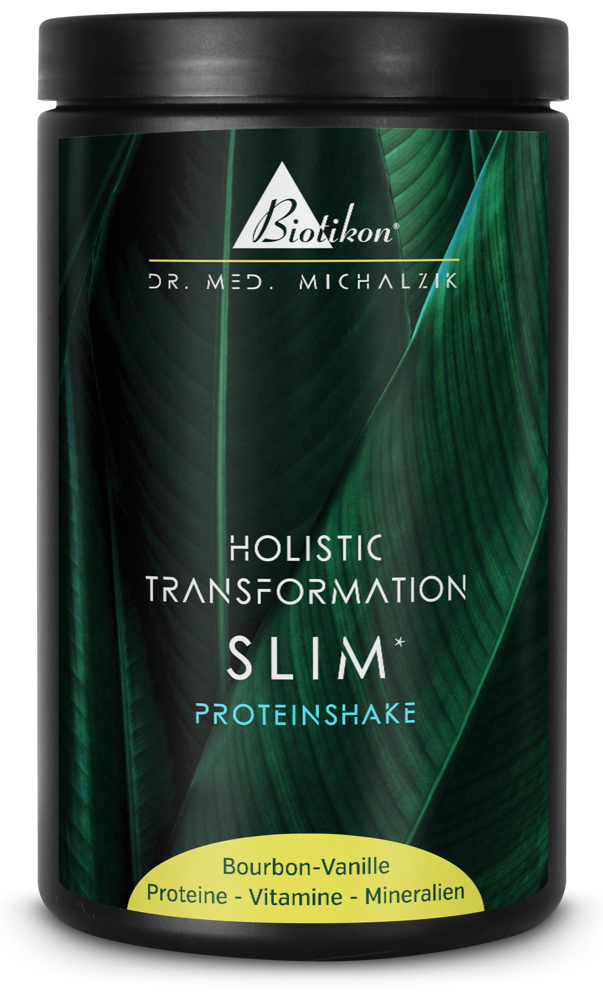 Contenitore nero di Slim Shake, gusto Bourbon Vaniglia, ricco di proteine, vitamine e minerali, vista laterale.