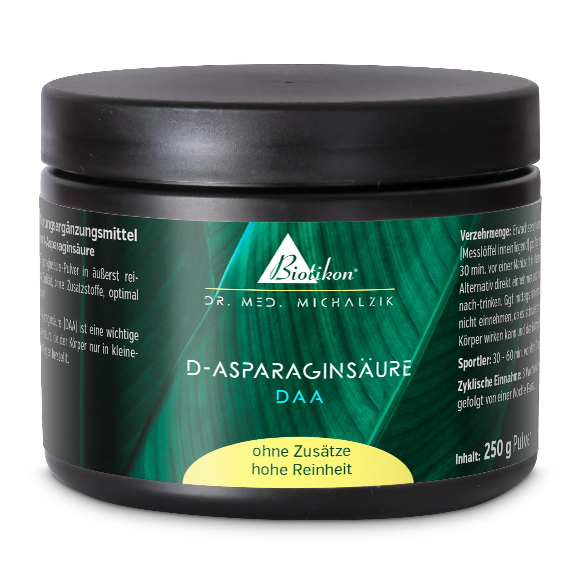 Acido D-Aspartico 250g – Polvere Polvere di acido D-aspartico in contenitore nero, 250g, vista laterale, alta purezza, senza additivi.