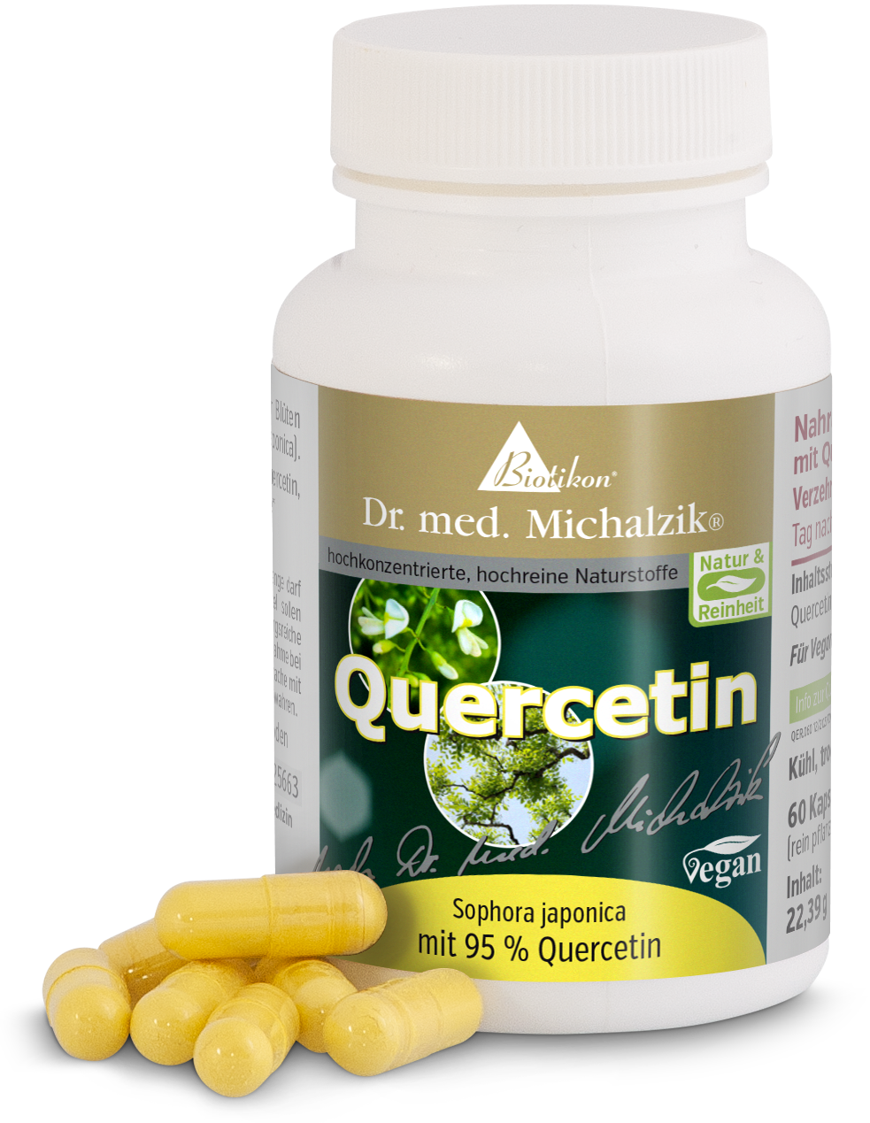 Quercetina 95% – Capsule Integratore vitaminico di Quercetina in capsule, 60 pezzi, capsule gialle, vista della bottiglia e delle capsule.