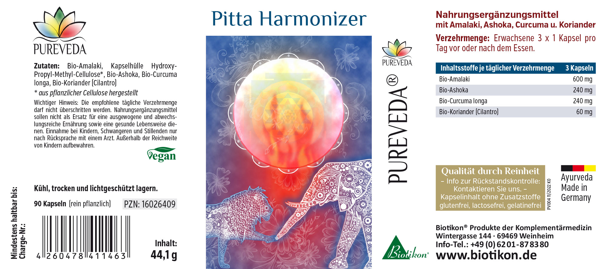 Harmonizzatore Pitta – 90 Capsule Integratori alimentari in capsule con Amalaki, Ashoka, Curcuma e Coriandolo, 90 capsule, confezione colorata.
