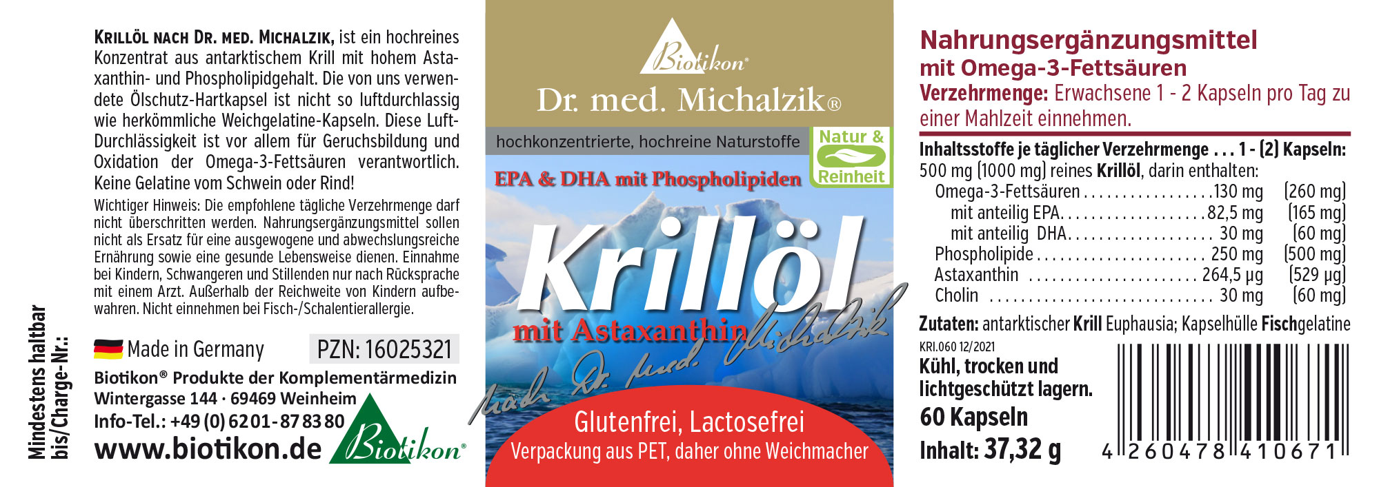 Capsule di olio di krill 500 mg – 60 pezzi Capsule ermetiche di olio di krill, 500 mg ciascuna, rosse e trasparenti, confezionate in PET, per adulti.