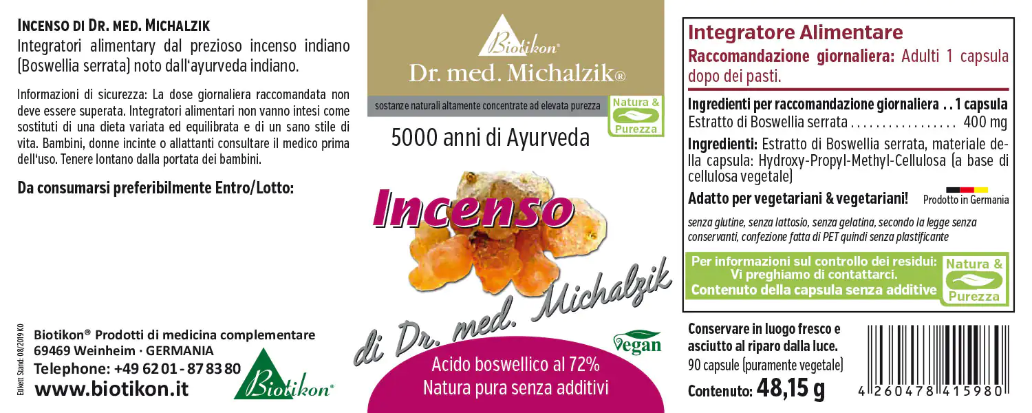 Incenso 400 mg – Capsule Capsule contenenti 400 mg di Boswellia serrata, 90 pezzi per confezione, vegane e senza additivi.
