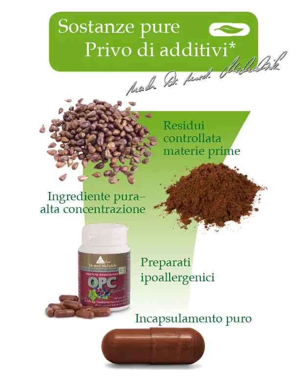 OPC 100 mg - Capsule Integratore alimentare OPC, capsule marroni, 60 pezzi in un flacone, ingredienti visibili.