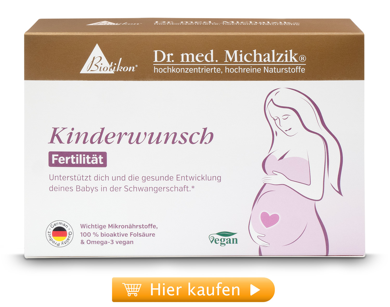 Integratori Fertilità per Pianificazione Familiare – 30 Capsule Confezione di integratori di fertilità con 30 capsule vegane in una scatola bianca con testo viola e illustrazione di una donna incinta.