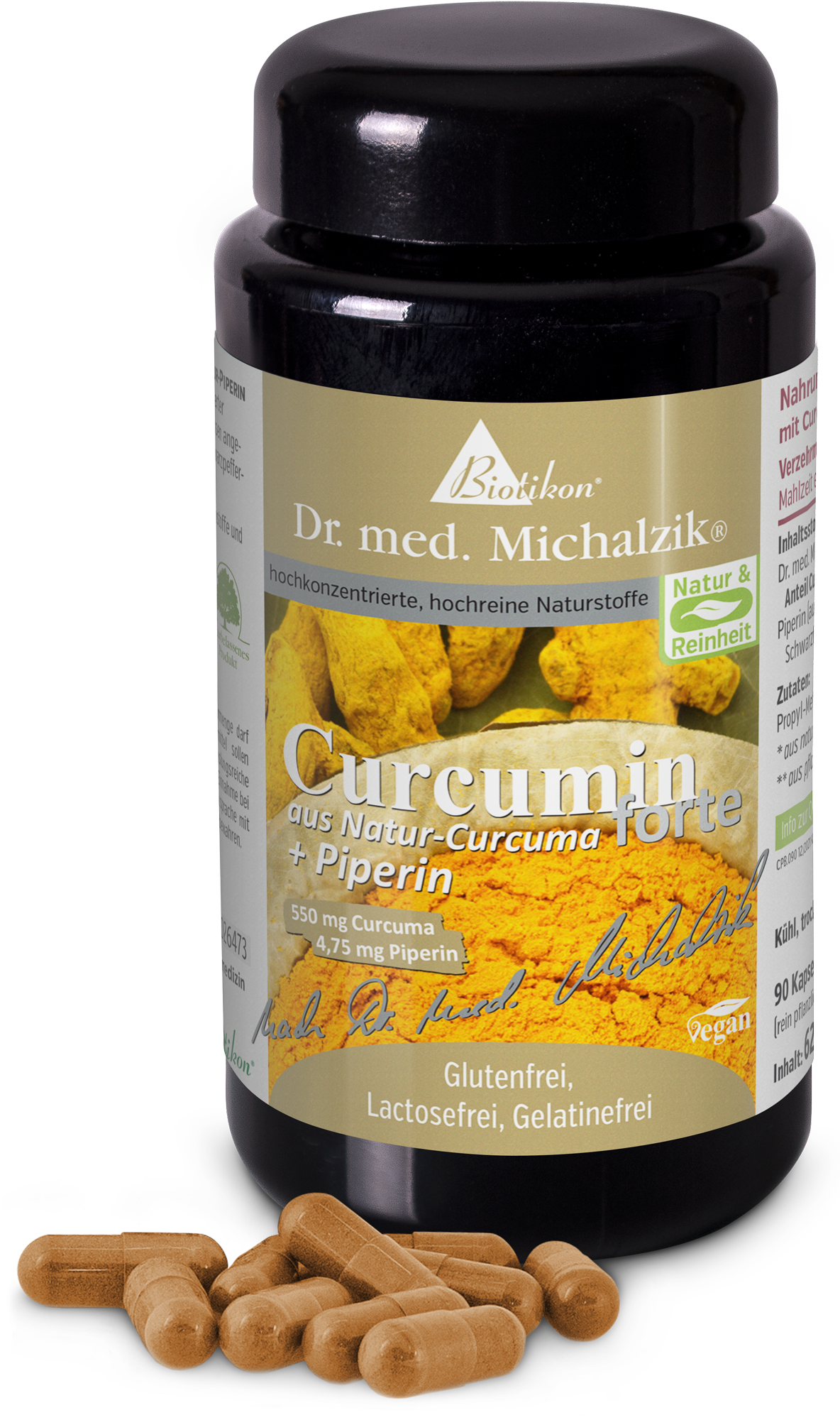 Curcumina 550 mg – Capsule Contenitore di vetro marrone con 90 capsule, etichettato prodotto a base di curcuma con piperina.