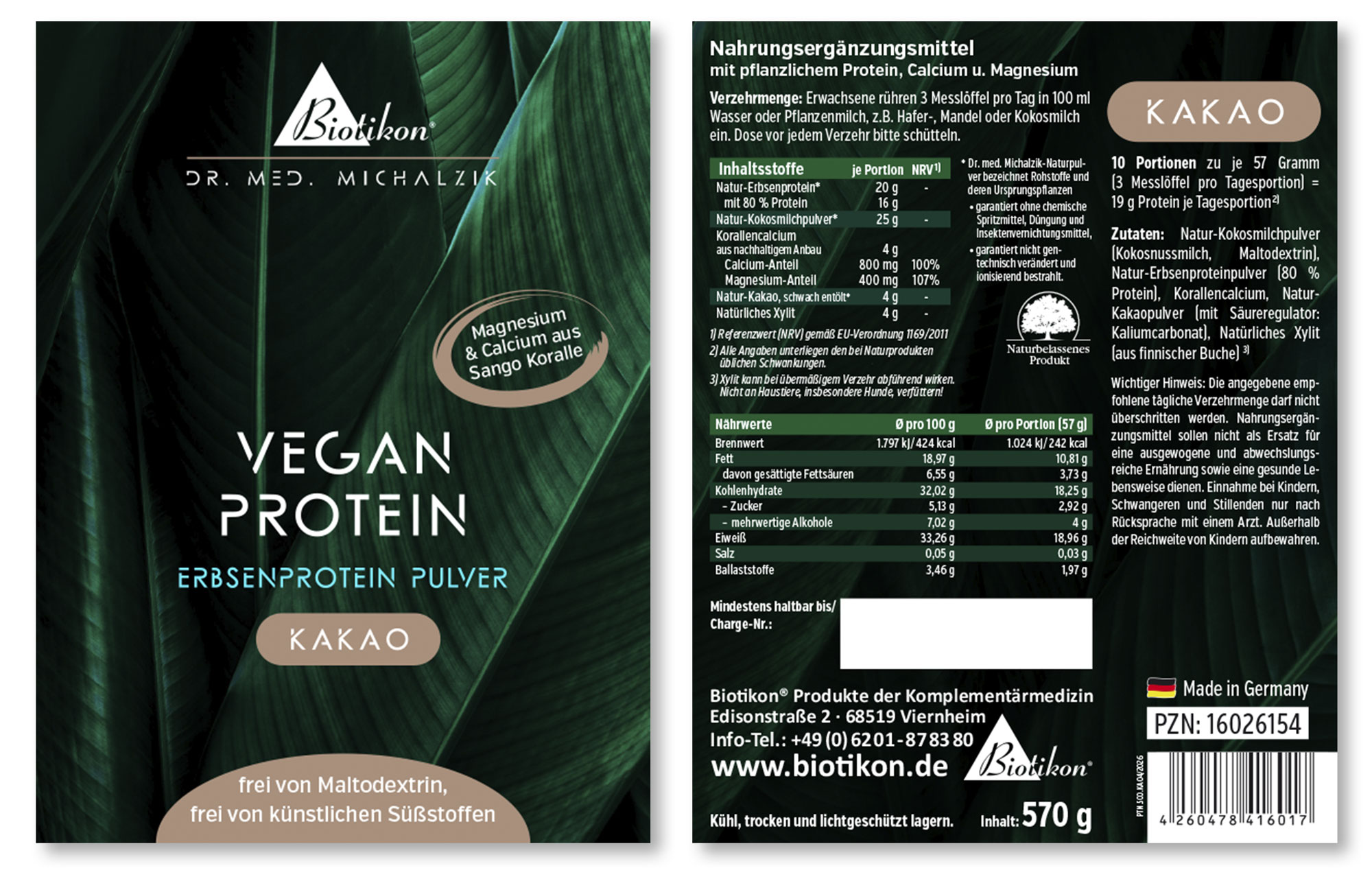 Polvere di proteine al gusto di cacao, confezione da 570 g, colore marrone, vista frontale.