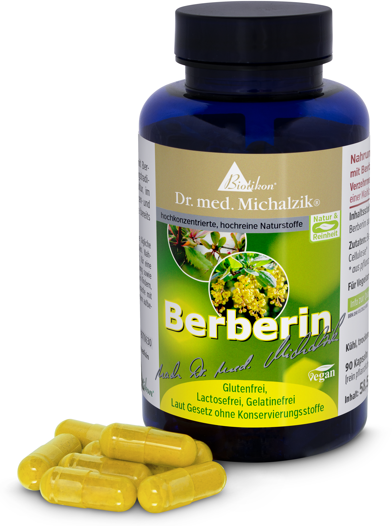 Berberina 90 Capsule – Vegana Integratore alimentare di berberina, 90 capsule gialle in una bottiglia blu, vista laterale.