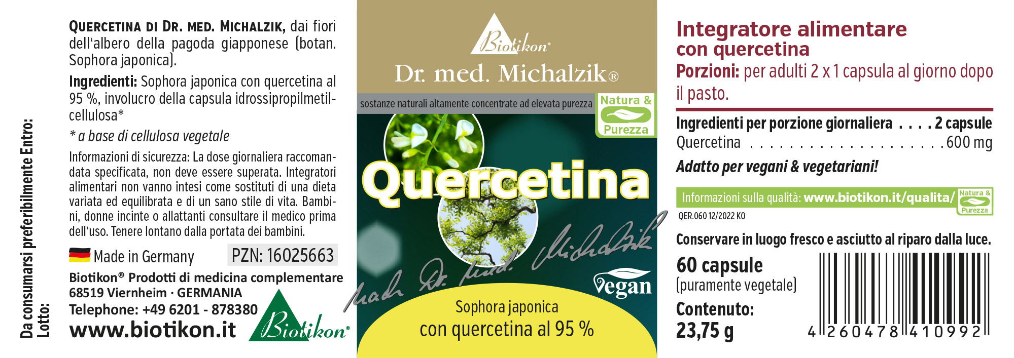 Quercetina 600 mg – Capsule Integratore di quercetina, 60 capsule vegetariane, confezione verde, vista laterale.