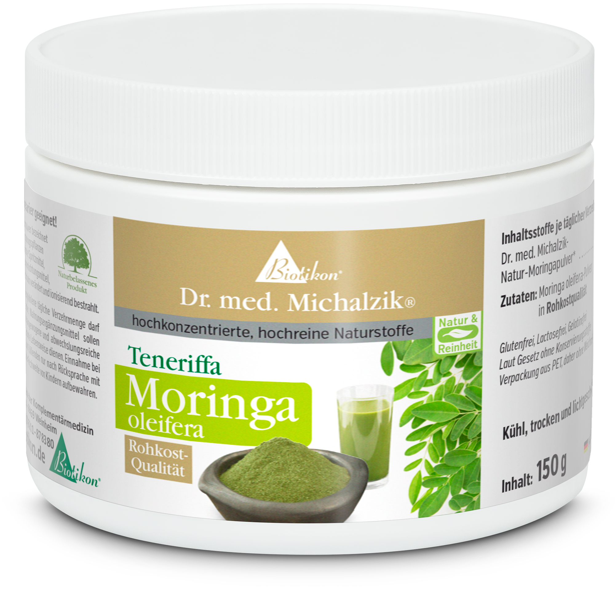 Polvere di Moringa Oleifera – 150 g Polvere di Moringa Oleifera in un contenitore bianco, 150 g, con stampa verde, mostra la polvere e la bevanda.